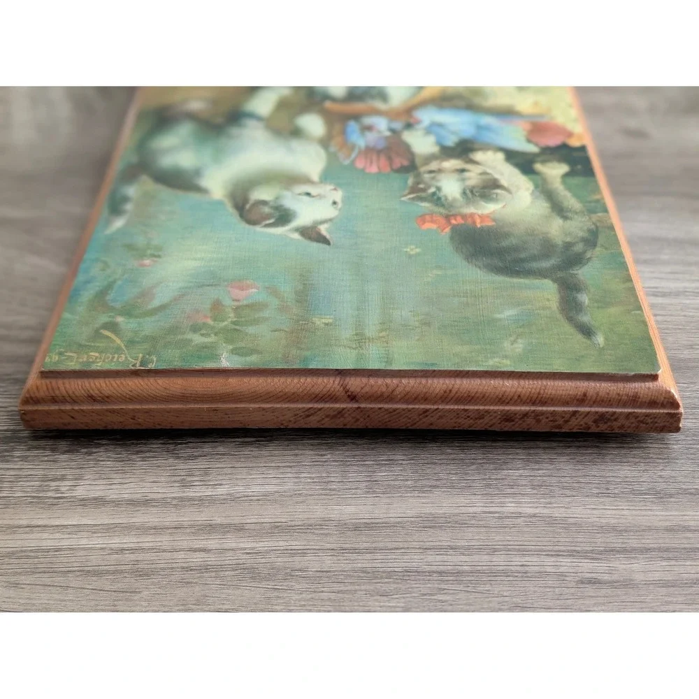 Vintage C Reichert Kittens and Birds Wood Plaque Wall Art 1976 Decoupage
